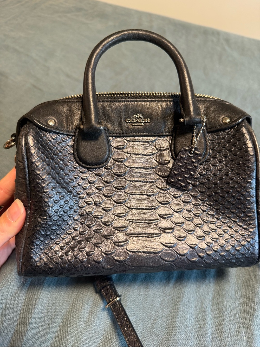 Coach Black with Silver Sparkle Python-Embossed Satchel with Top Handles